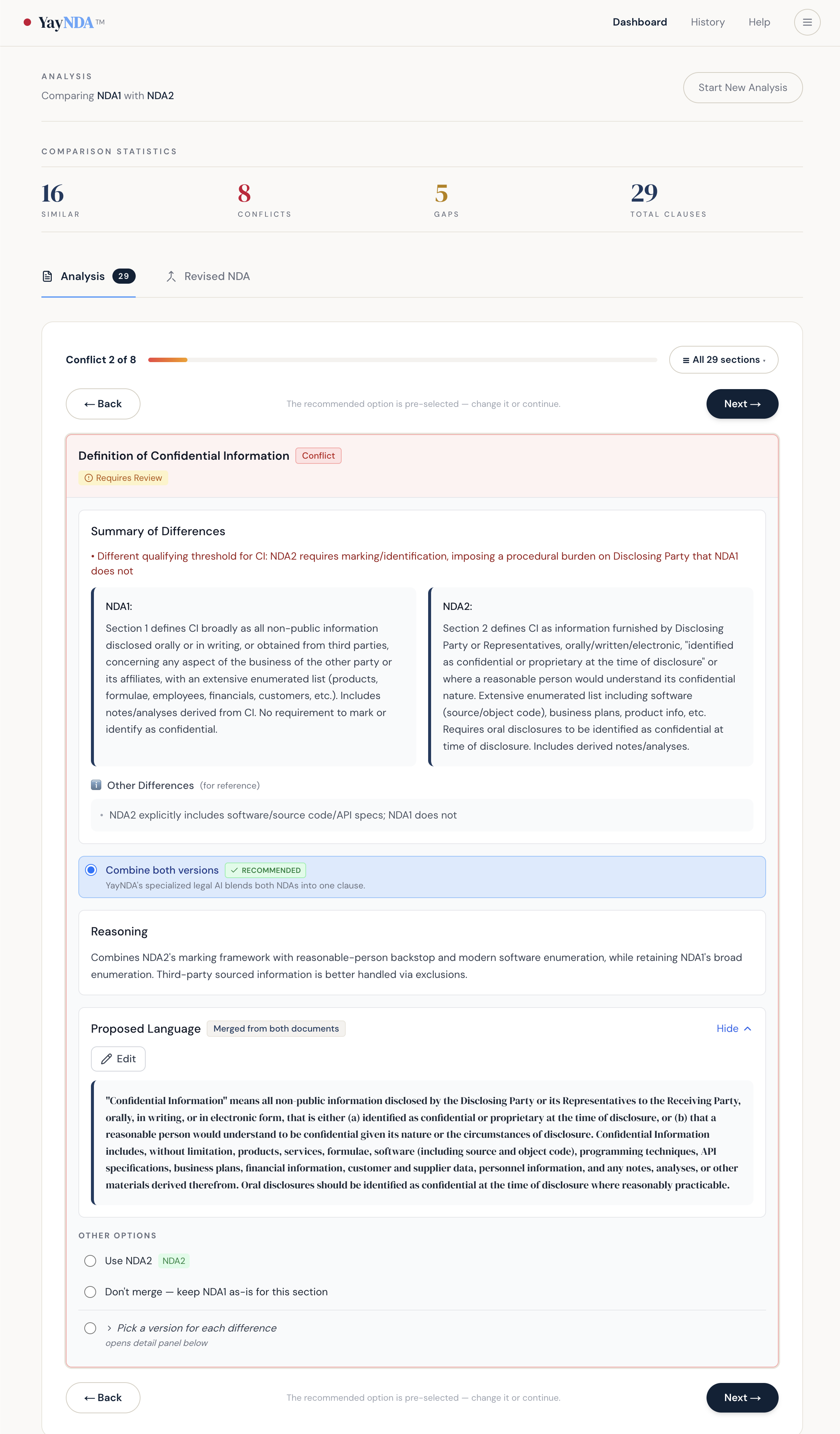 YayNDA analysis results showing comparison statistics, conflict navigation, and clause-by-clause breakdown with status indicators